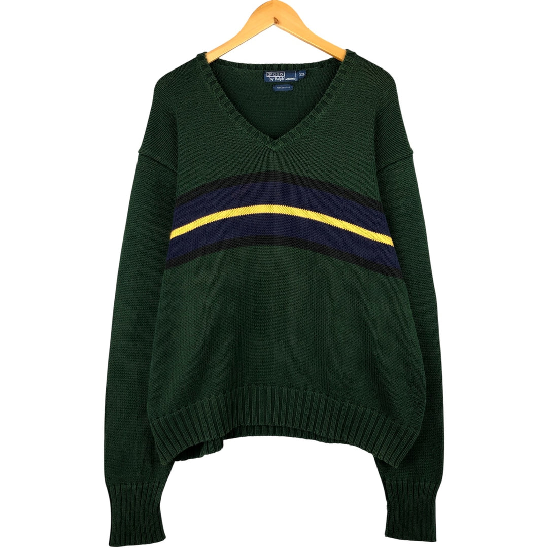 Ralph Lauren POLO by Ralph Lauren V-neck cotton knit sweater, men's size XXL cotton Green type dark green Vintage Second Hand