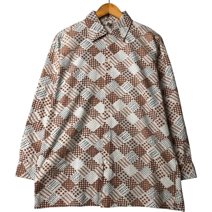 All-over geometric print long-sleeved box shirt, men's size L unclear white type Vintage Second Hand
