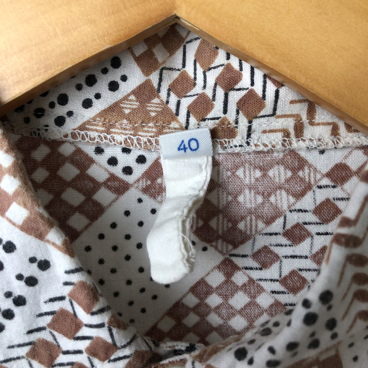 All-over geometric print long-sleeved box shirt, men's size L unclear white type Vintage Second Hand