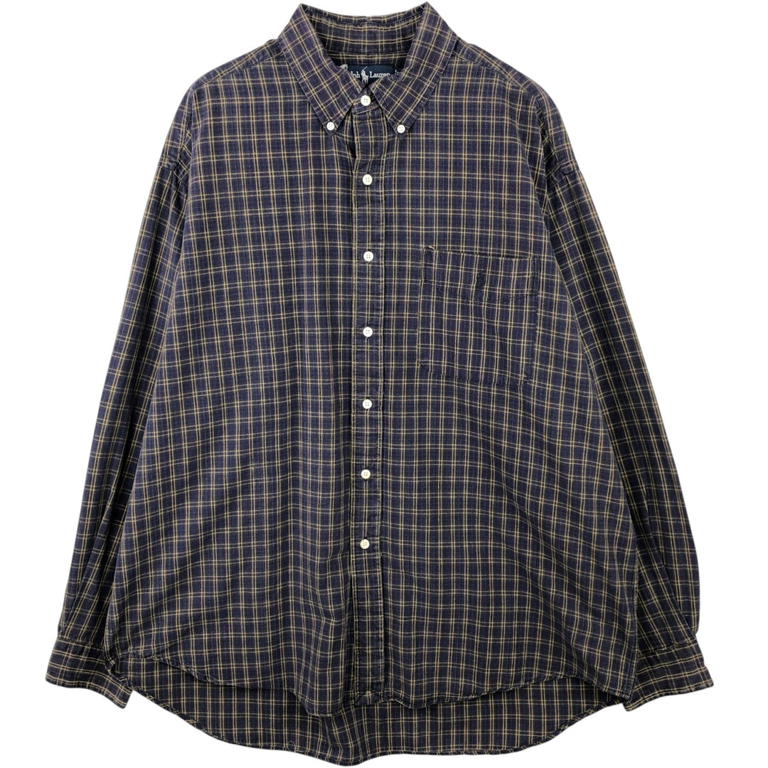 Ralph Lauren BLAIRE long sleeve button down check shirt, men's XL size cotton navy blue type Vintage Second Hand