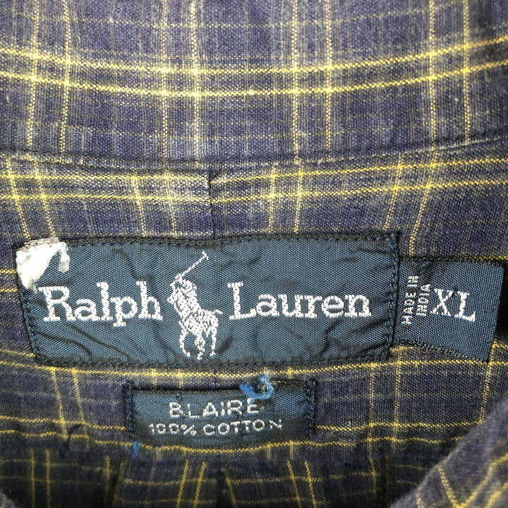 Ralph Lauren BLAIRE long sleeve button down check shirt, men's XL size cotton navy blue type Vintage Second Hand