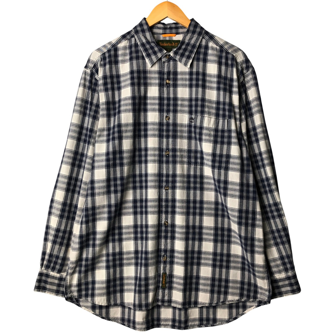90s-00'S Timberland long-sleeved cotton check shirt, men's size L cotton navy blue type Vintage Second Hand