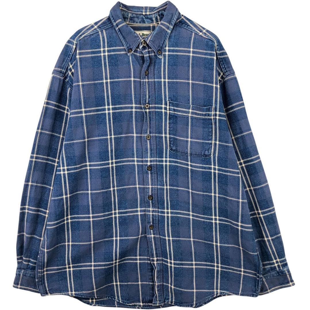 Vintage 80s-90'S LLBean long-sleeved button-down check shirt, men's size XL cotton Navy blue Vintage Second Hand