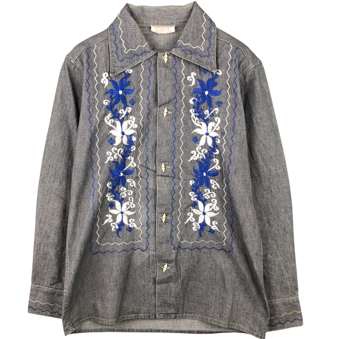 Vintage 1970'S BORDADOS AZTECA floral long-sleeved denim shirt, boxy, made in Mexico, men's size M cotton gray type Vintage Second Hand