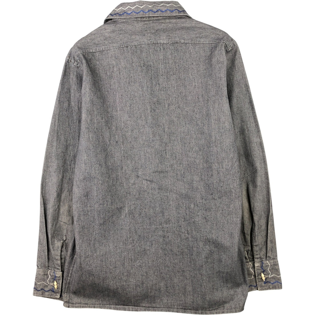 Vintage 1970'S BORDADOS AZTECA floral long-sleeved denim shirt, boxy, made in Mexico, men's size M cotton gray type Vintage Second Hand