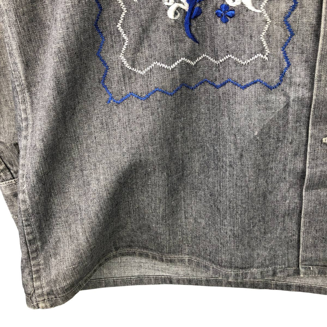 Vintage 1970'S BORDADOS AZTECA floral long-sleeved denim shirt, boxy, made in Mexico, men's size M cotton gray type Vintage Second Hand