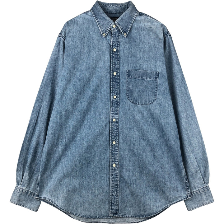 LANDS' END long-sleeved button-down denim shirt, men's size M cotton Blue type light blue Vintage Second Hand