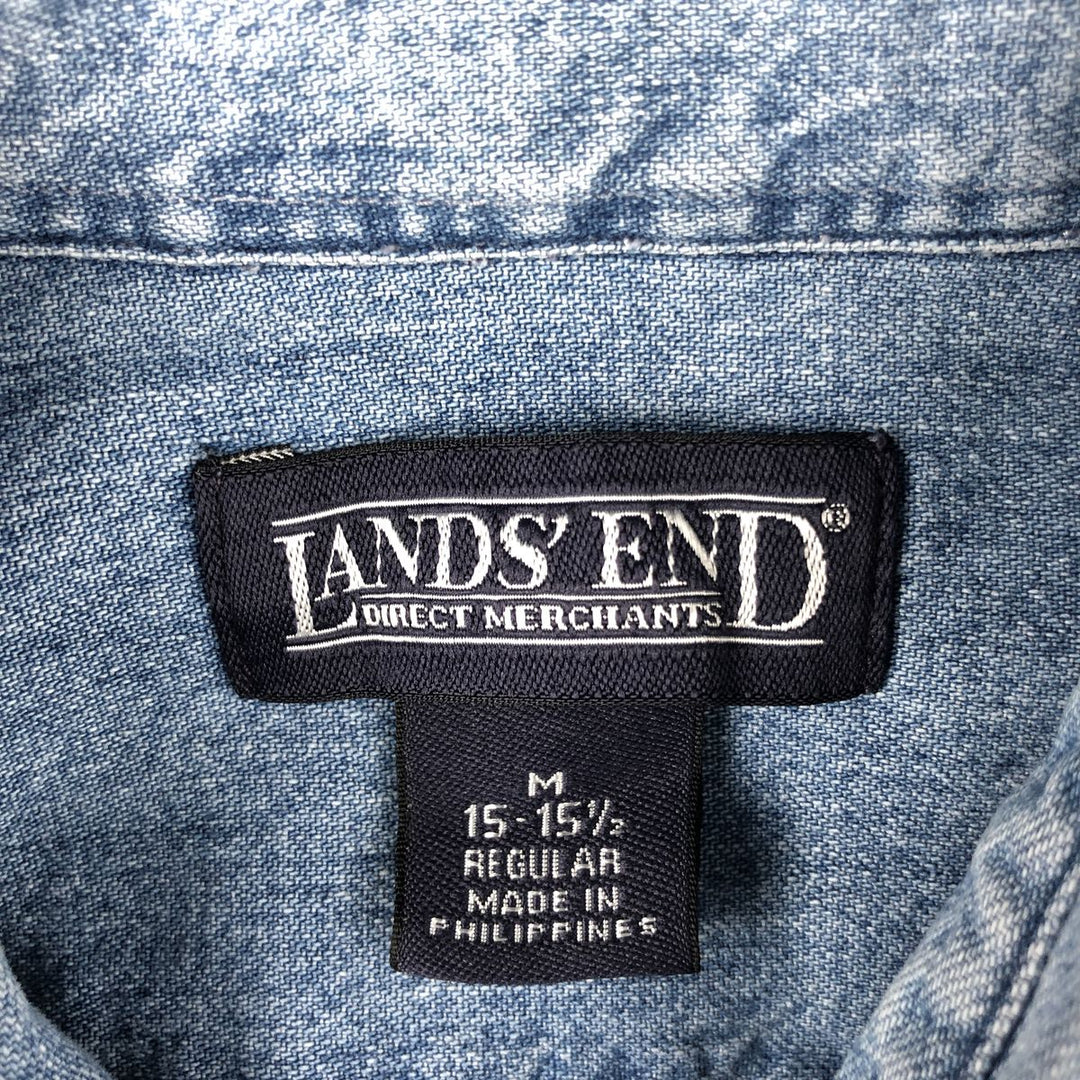 LANDS' END long-sleeved button-down denim shirt, men's size M cotton Blue type light blue Vintage Second Hand