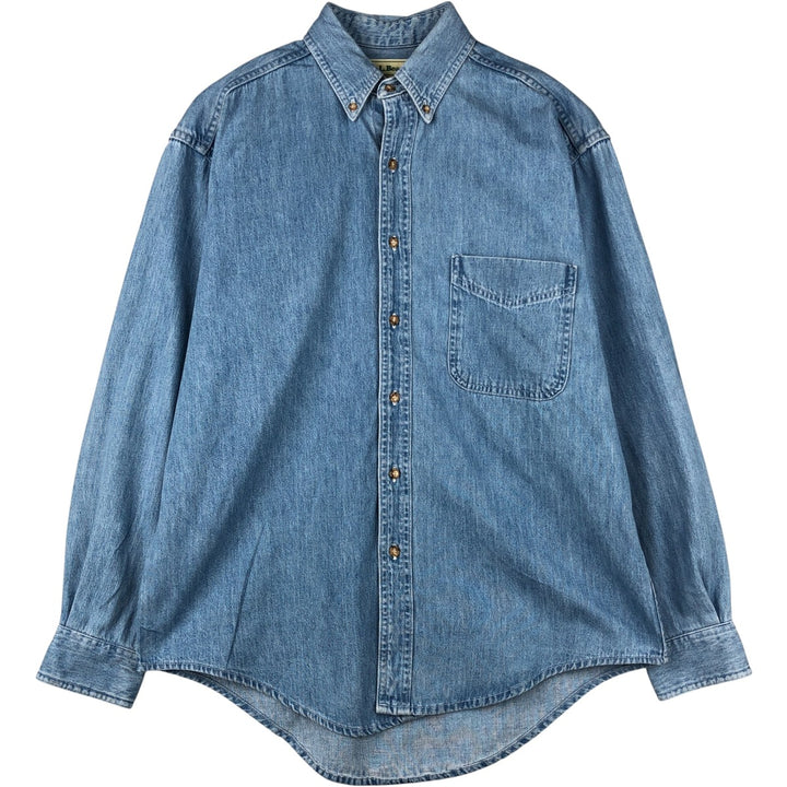 90'S LLBean Long Sleeve Button-Down Denim Shirt, Made in Canada, Men's Size Medium, Vintage cotton blue type Vintage Second Hand