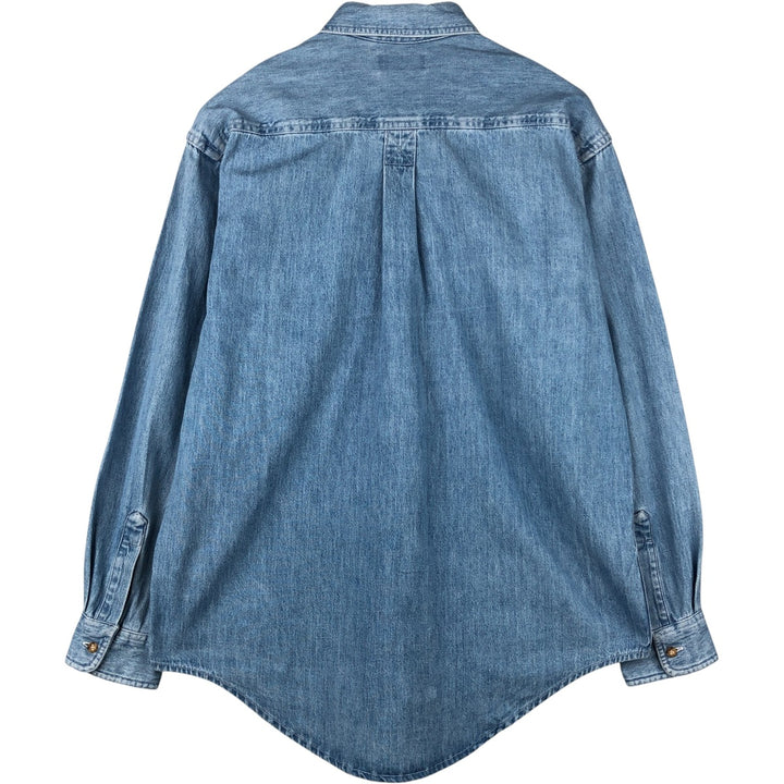 90'S LLBean Long Sleeve Button-Down Denim Shirt, Made in Canada, Men's Size Medium, Vintage cotton blue type Vintage Second Hand