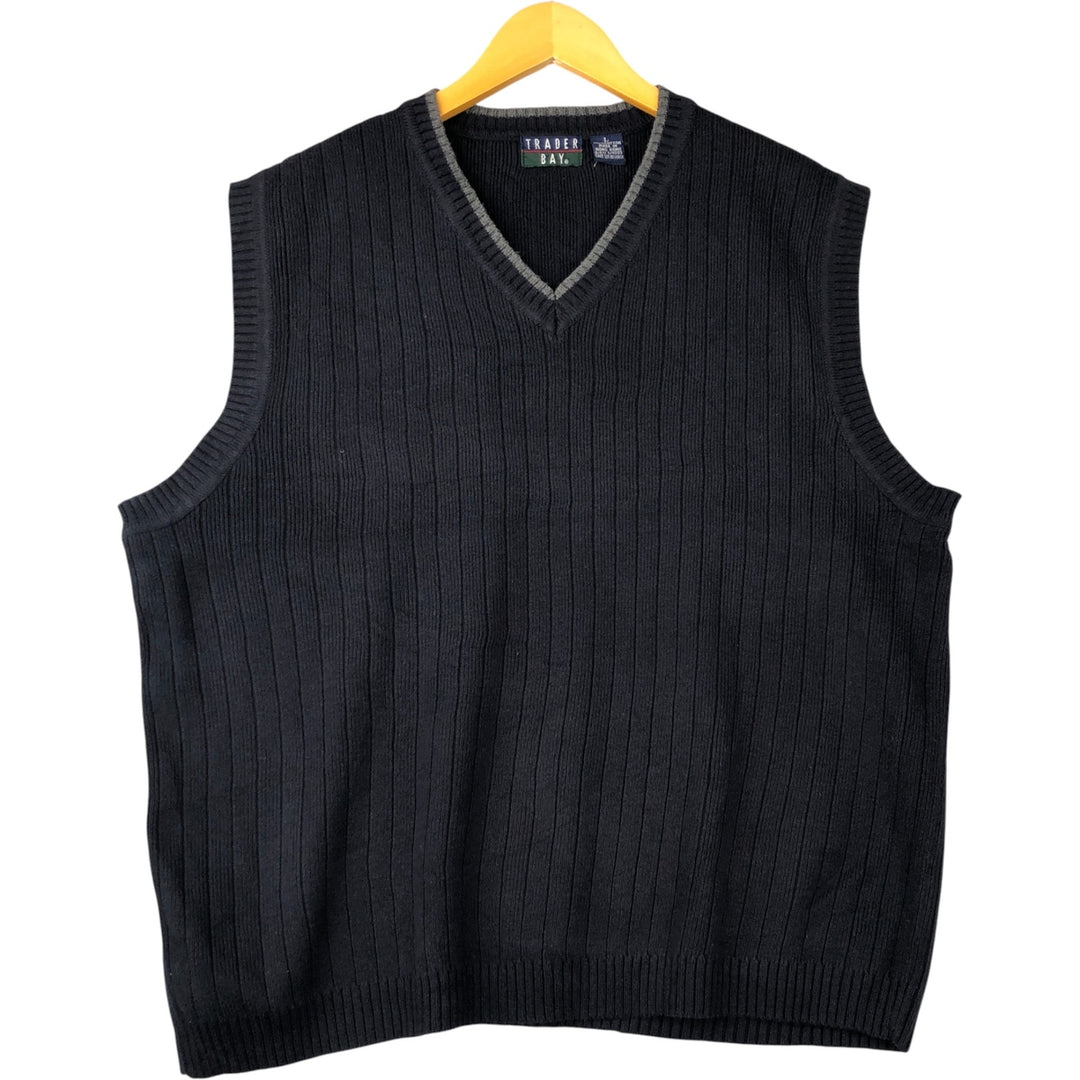 TRADER BAY Ribbed V-Neck Cotton Knit Vest, Men's Size L cotton navy blue type Vintage Second Hand