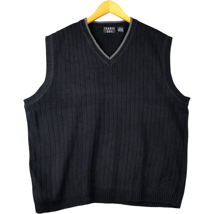 TRADER BAY Ribbed V-Neck Cotton Knit Vest, Men's Size L cotton navy blue type Vintage Second Hand