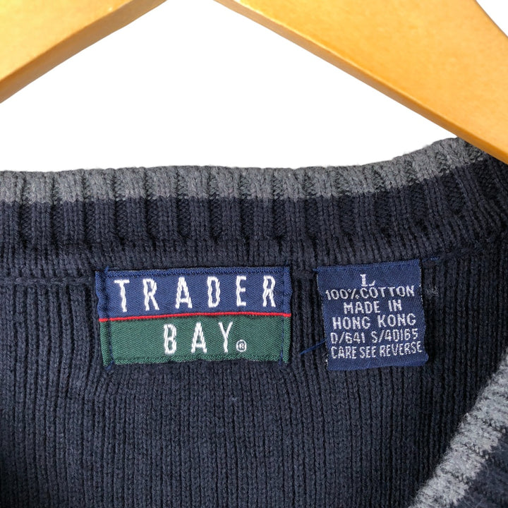 TRADER BAY Ribbed V-Neck Cotton Knit Vest, Men's Size L cotton navy blue type Vintage Second Hand