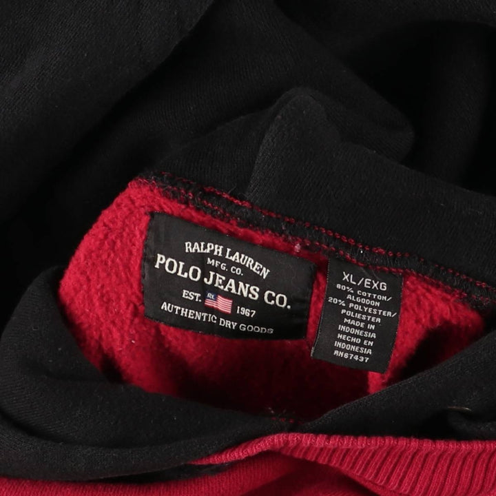 00'S Ralph Lauren POLO JEANS COMPANY sweatshirt pullover hoodie, men's XL size cotton red type Vintage Second Hand