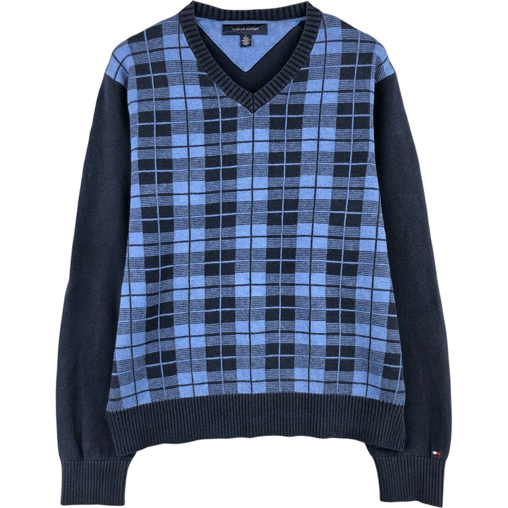 2000'S Tommy Hilfiger Check Pattern V-Neck Cotton Knit Sweater, Men's Size Medium cotton navy blue type Vintage Second Hand