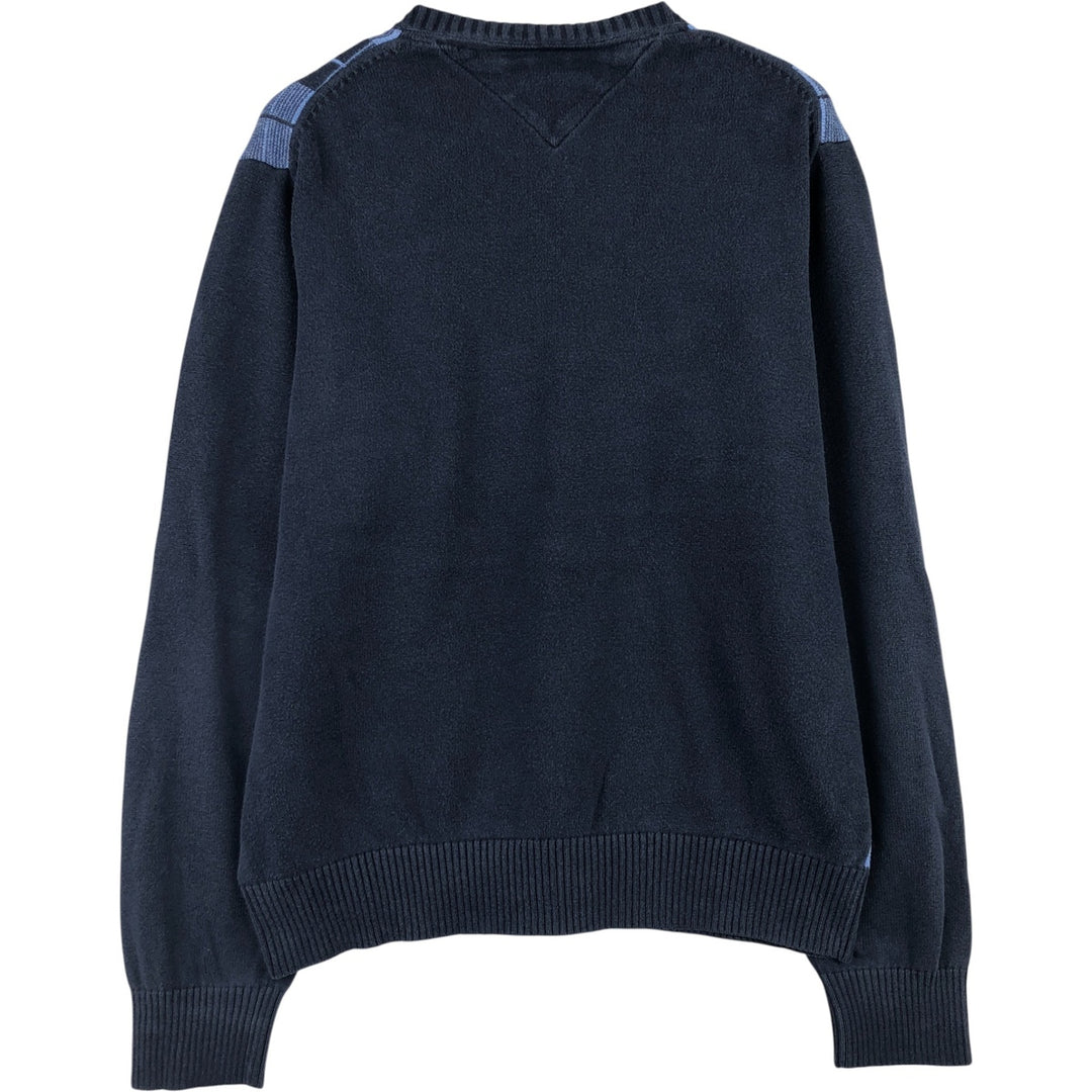 2000'S Tommy Hilfiger Check Pattern V-Neck Cotton Knit Sweater, Men's Size Medium cotton navy blue type Vintage Second Hand