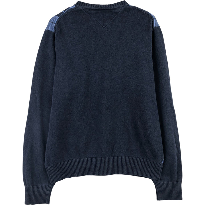 2000'S Tommy Hilfiger Check Pattern V-Neck Cotton Knit Sweater, Men's Size Medium cotton navy blue type Vintage Second Hand