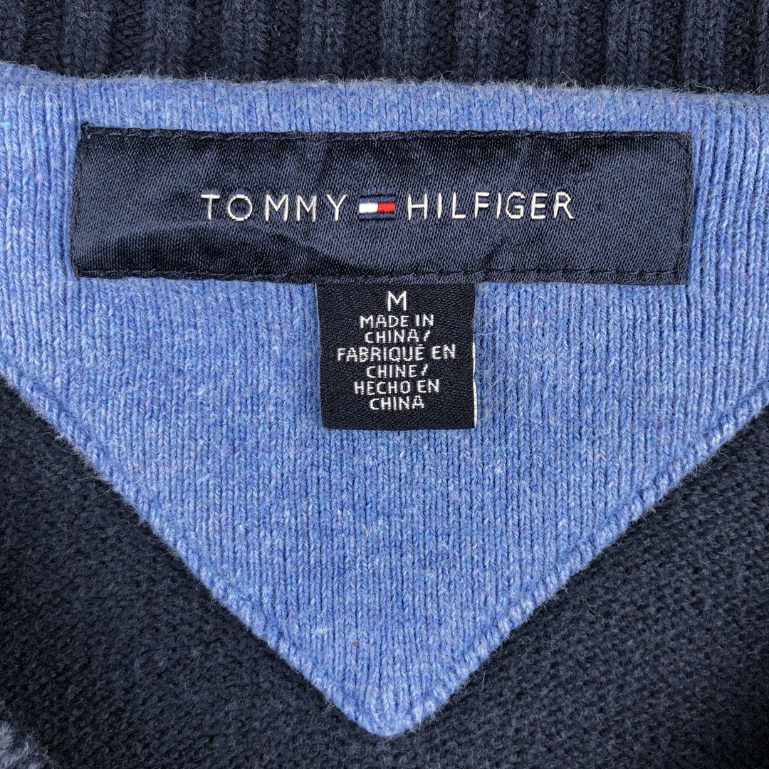 2000'S Tommy Hilfiger Check Pattern V-Neck Cotton Knit Sweater, Men's Size Medium cotton navy blue type Vintage Second Hand