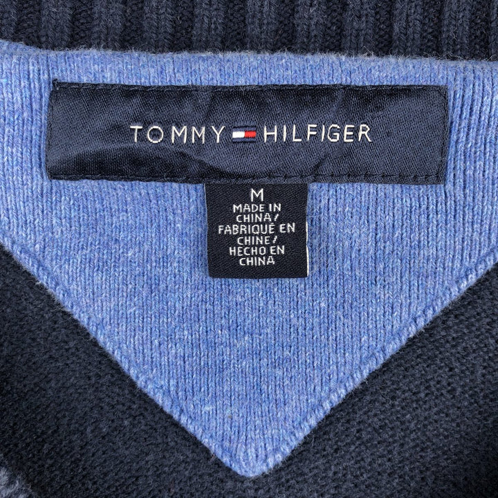 2000'S Tommy Hilfiger Check Pattern V-Neck Cotton Knit Sweater, Men's Size Medium cotton navy blue type Vintage Second Hand