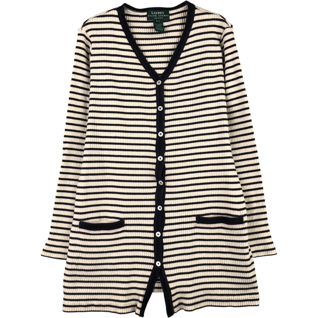 Ralph Lauren Lauren Striped Pattern Ribbed Cotton Knit Cardigan, Women's Size Small cotton pale white type Vintage Second Hand