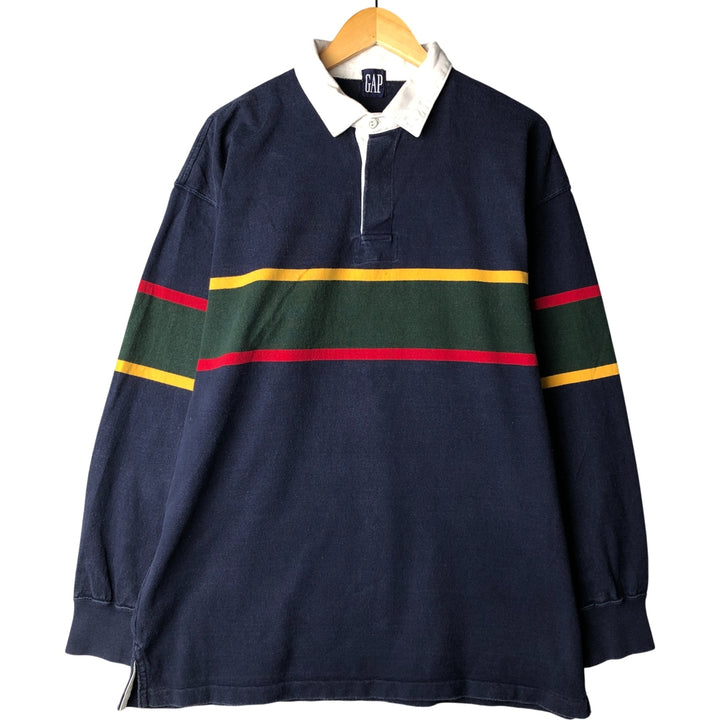 90'S GAP Vintage Striped Pattern Long Sleeve Rugby Shirt, Men's XL cotton navy blue type Vintage Second Hand