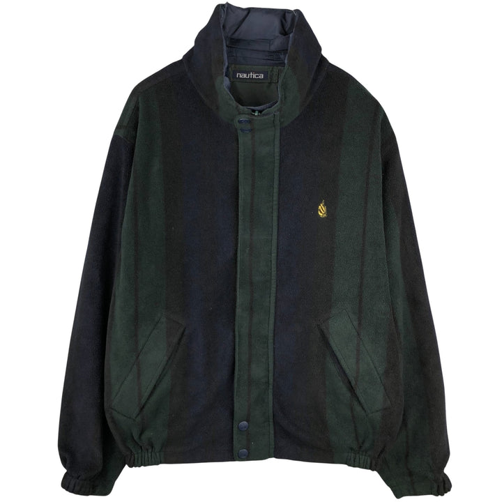 90'S Nautica Stripe Pattern Multi-Stripe Reversible Nylon Jacket/Fleece Jacket, Men's XXL Nylon Green type dark green Vintage Second Hand