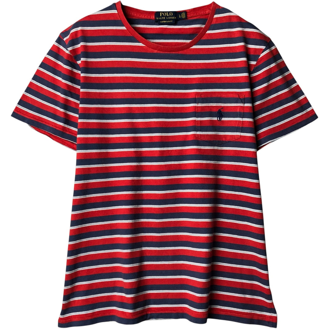Ralph Lauren POLO RALPH LAUREN CUSTOM SLIM FIT multi-border short-sleeved striped T-shirt, men's size L cotton red type Vintage Second Hand