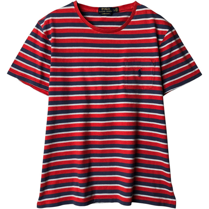 Ralph Lauren POLO RALPH LAUREN CUSTOM SLIM FIT multi-border short-sleeved striped T-shirt, men's size L cotton red type Vintage Second Hand