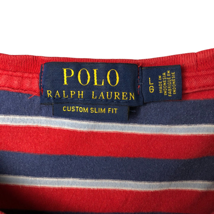 Ralph Lauren POLO RALPH LAUREN CUSTOM SLIM FIT multi-border short-sleeved striped T-shirt, men's size L cotton red type Vintage Second Hand