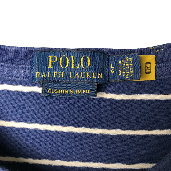 Ralph Lauren POLO RALPH LAUREN CUSTOM SLIM FIT short sleeve striped T-shirt men's size L cotton blue type Vintage Second Hand