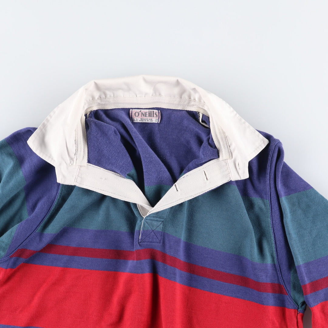 O'Neills Check Pattern Border Pattern Long Sleeve Rugby Shirt, Men's Size L cotton Purple type blue-purple Vintage Second Hand