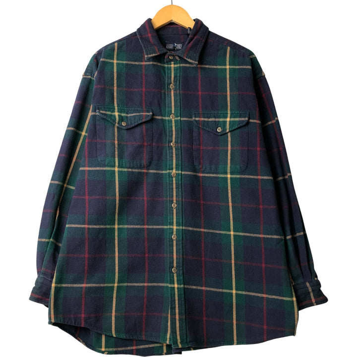 Vintage 80s-90'S Lands' End long-sleeved flannel check shirt, men's size L cotton navy blue type Vintage Second Hand