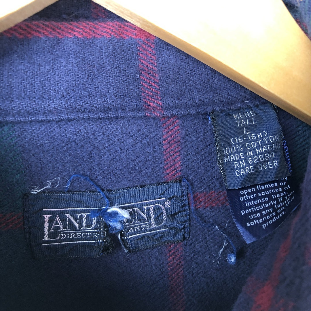 Vintage 80s-90'S Lands' End long-sleeved flannel check shirt, men's size L cotton navy blue type Vintage Second Hand