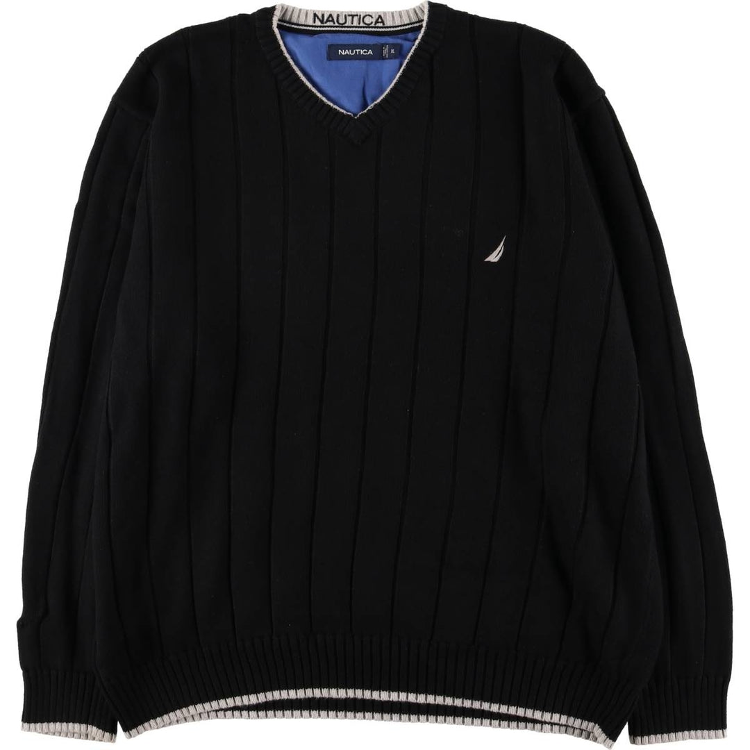 2000'S Nautica Striped V-Neck Cotton Knit Sweater, Men's XL cotton black type Vintage Second Hand