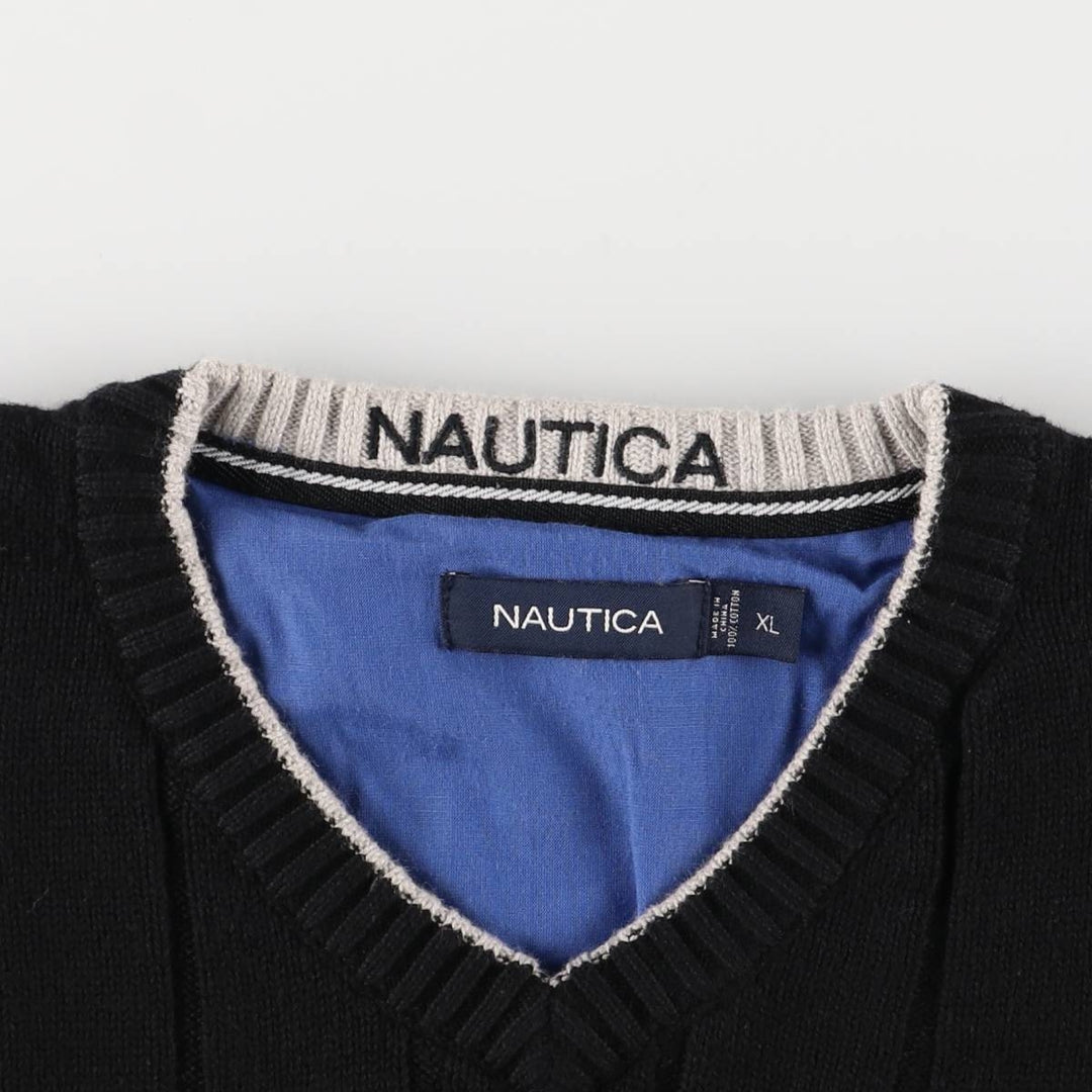 2000'S Nautica Striped V-Neck Cotton Knit Sweater, Men's XL cotton black type Vintage Second Hand