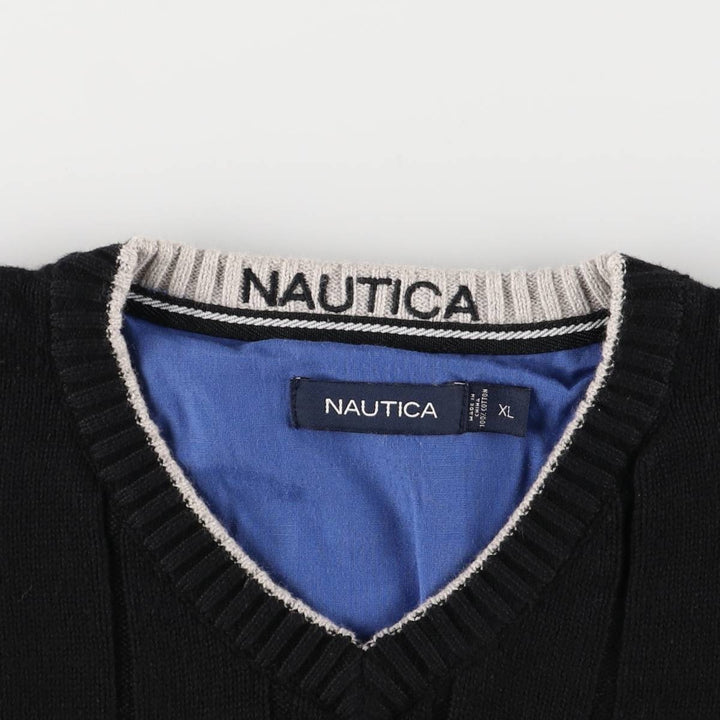 2000'S Nautica Striped V-Neck Cotton Knit Sweater, Men's XL cotton black type Vintage Second Hand