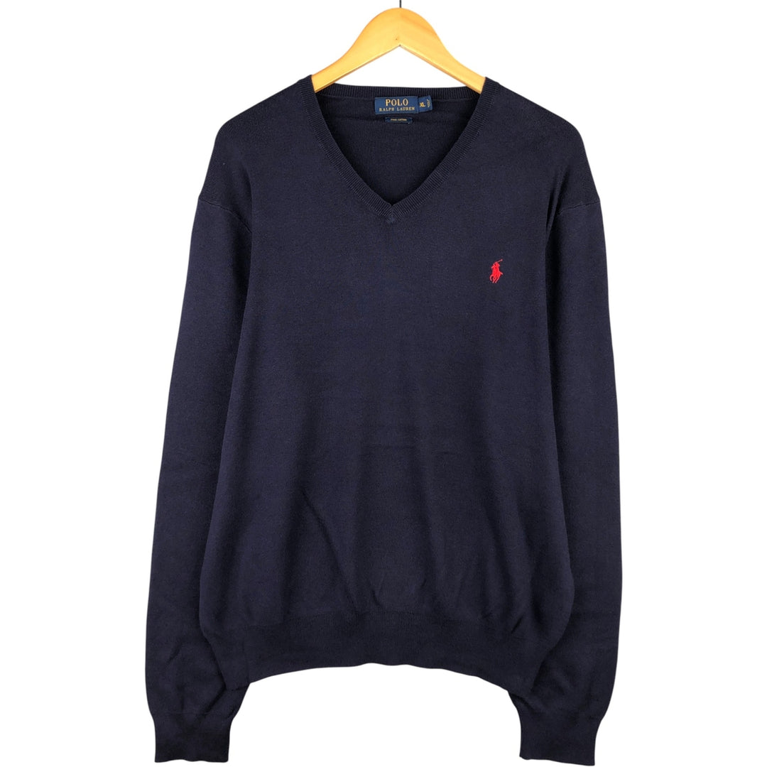 Ralph Lauren POLO RALPH LAUREN V-neck Pima cotton knit sweater, men's size XL Pima Cotton navy blue type Vintage Second Hand