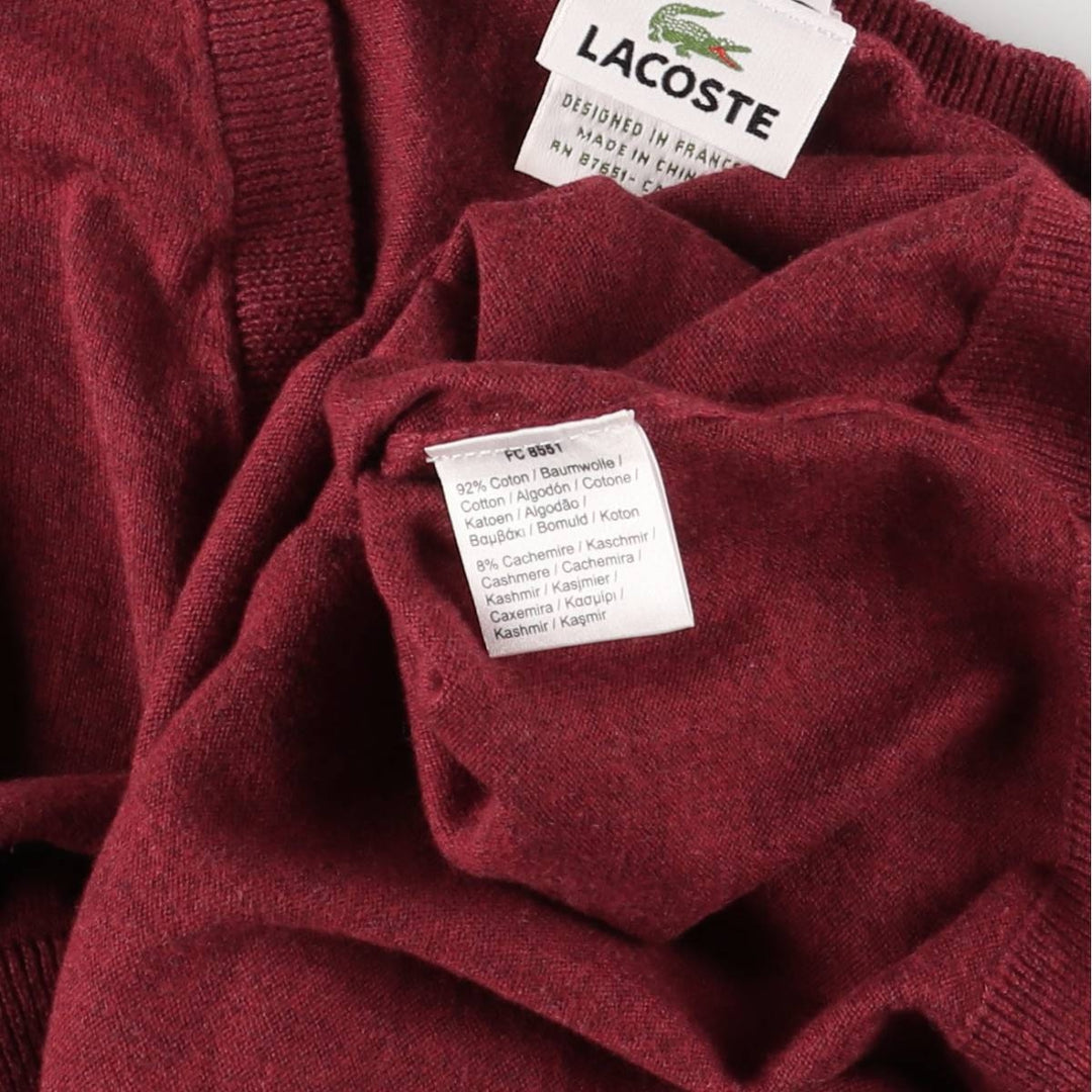 Lacoste Cashmere Blend V-Neck Cotton Knit Sweater, Size 7, Men's XXL cotton burgundy type Vintage Second Hand
