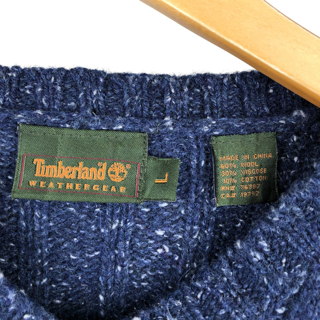90'S Vintage Timberland WEATHERGEAR V-neck wool knit sweater, men's size L wool navy blue type Vintage Second Hand