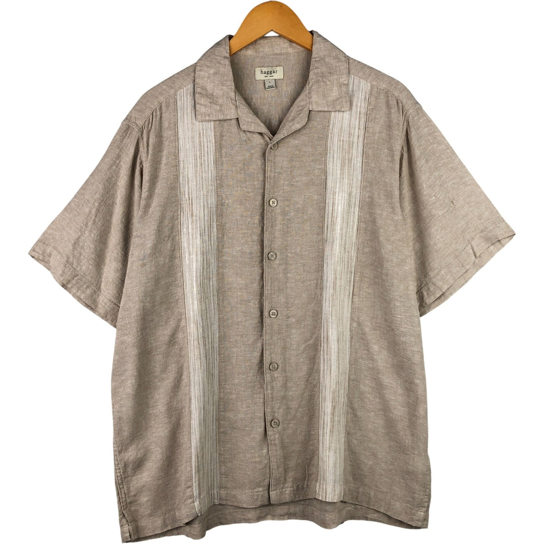 Haggar Two-tone short-sleeve open-collar rayon x linen box shirt, size L for men linen Beige type Vintage Second Hand