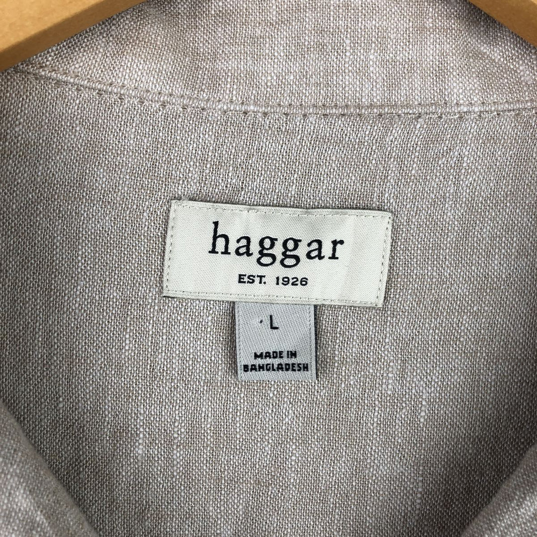 Haggar Two-tone short-sleeve open-collar rayon x linen box shirt, size L for men linen Beige type Vintage Second Hand