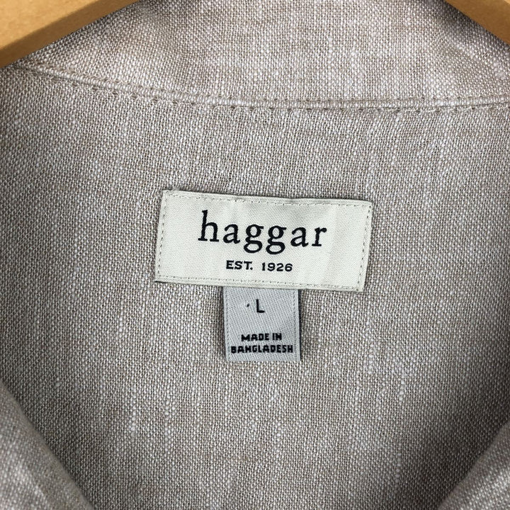 Haggar Two-tone short-sleeve open-collar rayon x linen box shirt, size L for men linen Beige type Vintage Second Hand