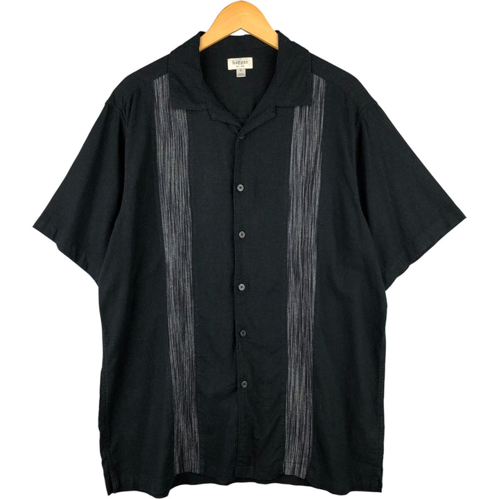 HAGGAR Two-tone short sleeve open collar rayon x linen shirt, box shirt, men's XL size linen black type Vintage Second Hand