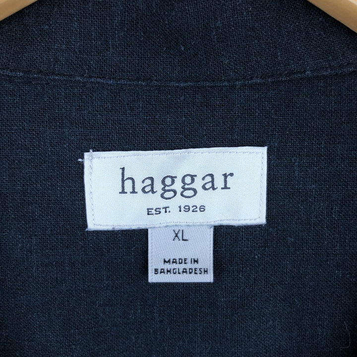HAGGAR Two-tone short sleeve open collar rayon x linen shirt, box shirt, men's XL size linen black type Vintage Second Hand