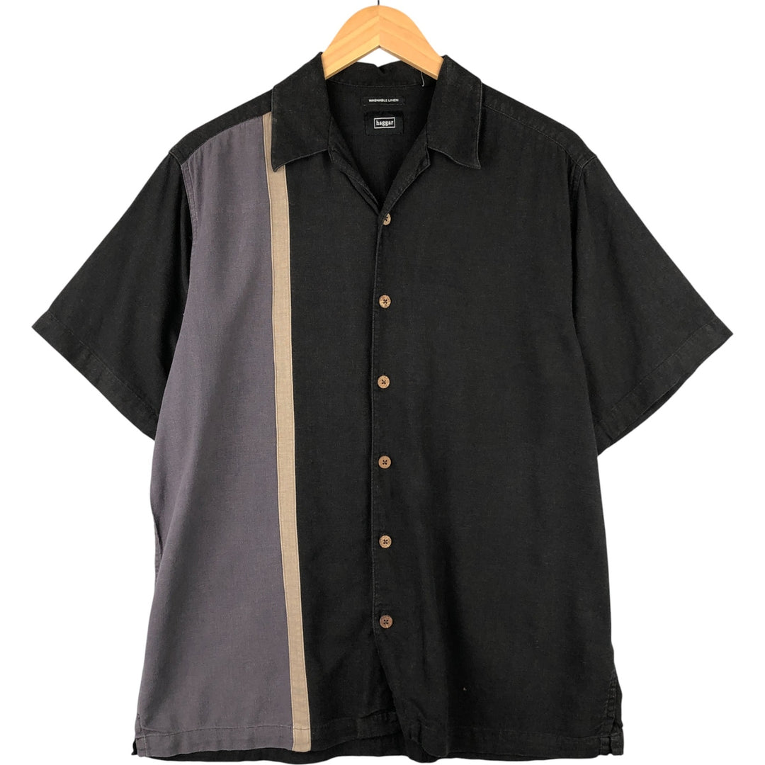90s-00'S Haggar Washable Linen Two-Tone Short Sleeve Open Collar Rayon and Linen Box Shirt, Men's Size Medium linen black type Vintage Second Hand