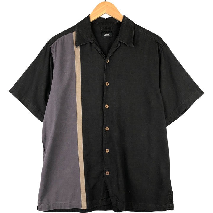 90s-00'S Haggar Washable Linen Two-Tone Short Sleeve Open Collar Rayon and Linen Box Shirt, Men's Size Medium linen black type Vintage Second Hand