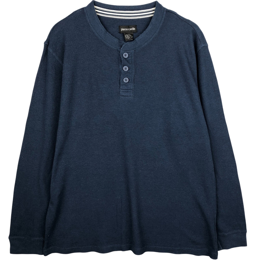 Pierre Cardin Henley Neck Thermal Long T-Shirt, Waffle, Men's Size M cotton navy blue type Vintage Second Hand