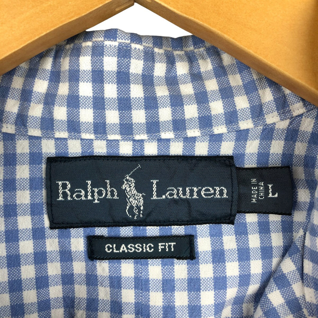 Ralph Lauren Classic Fit Gingham Check Long Sleeve Button-Down Check Shirt, Men's Size L cotton Blue type light blue Vintage Second Hand