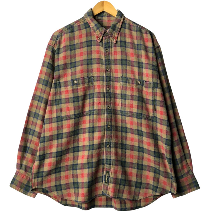 90'S Vintage Timberland WEATHERGEAR Long Sleeve Button-Down Flannel Check Shirt, Men's Size L cotton Khaki type Vintage Second Hand