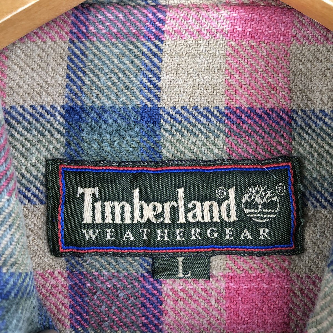 90'S Vintage Timberland WEATHERGEAR Long Sleeve Button-Down Flannel Check Shirt, Men's Size L cotton Khaki type Vintage Second Hand